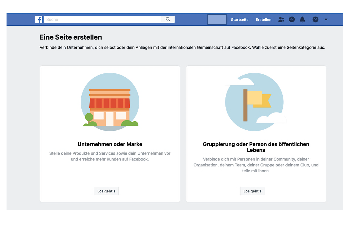 Screenshot: Facebook Menü zur Seitenerstellung (14.02.2019)