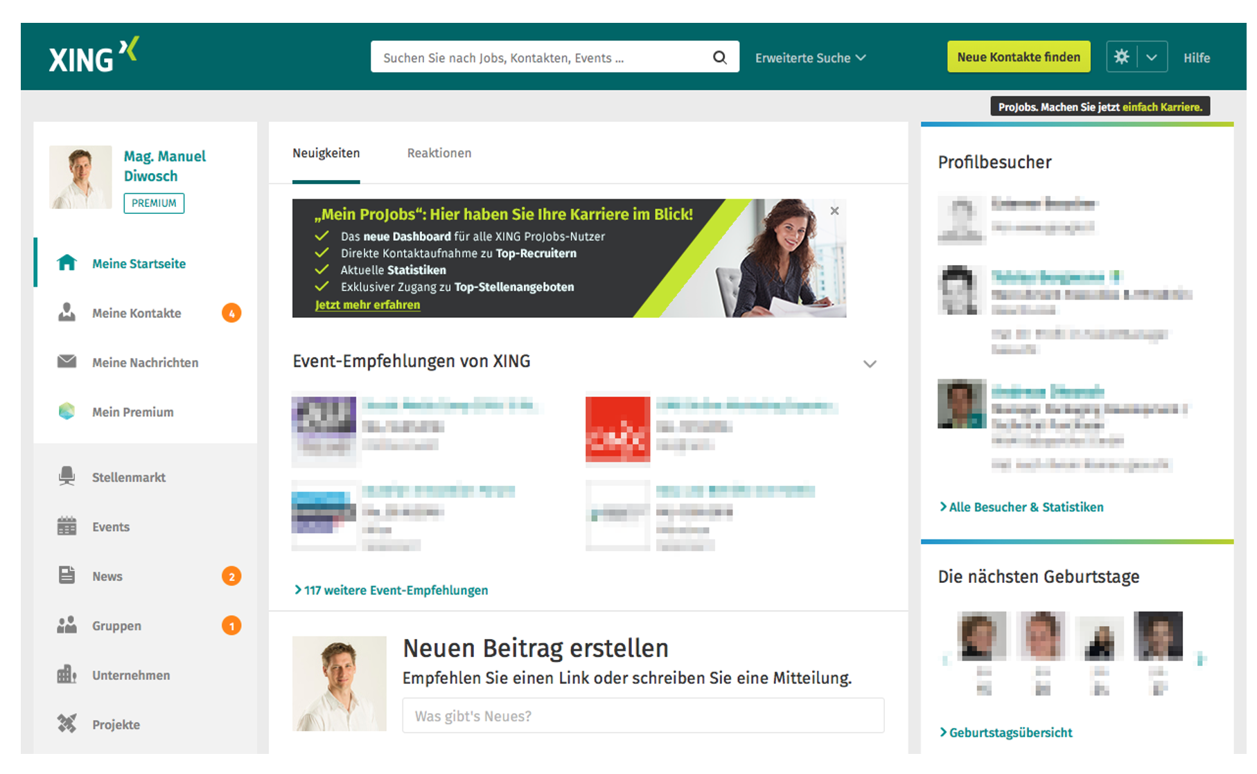 Screenshot-Beispiel der Startseite eines Accounts auf www.xing.com (12.07.2019)