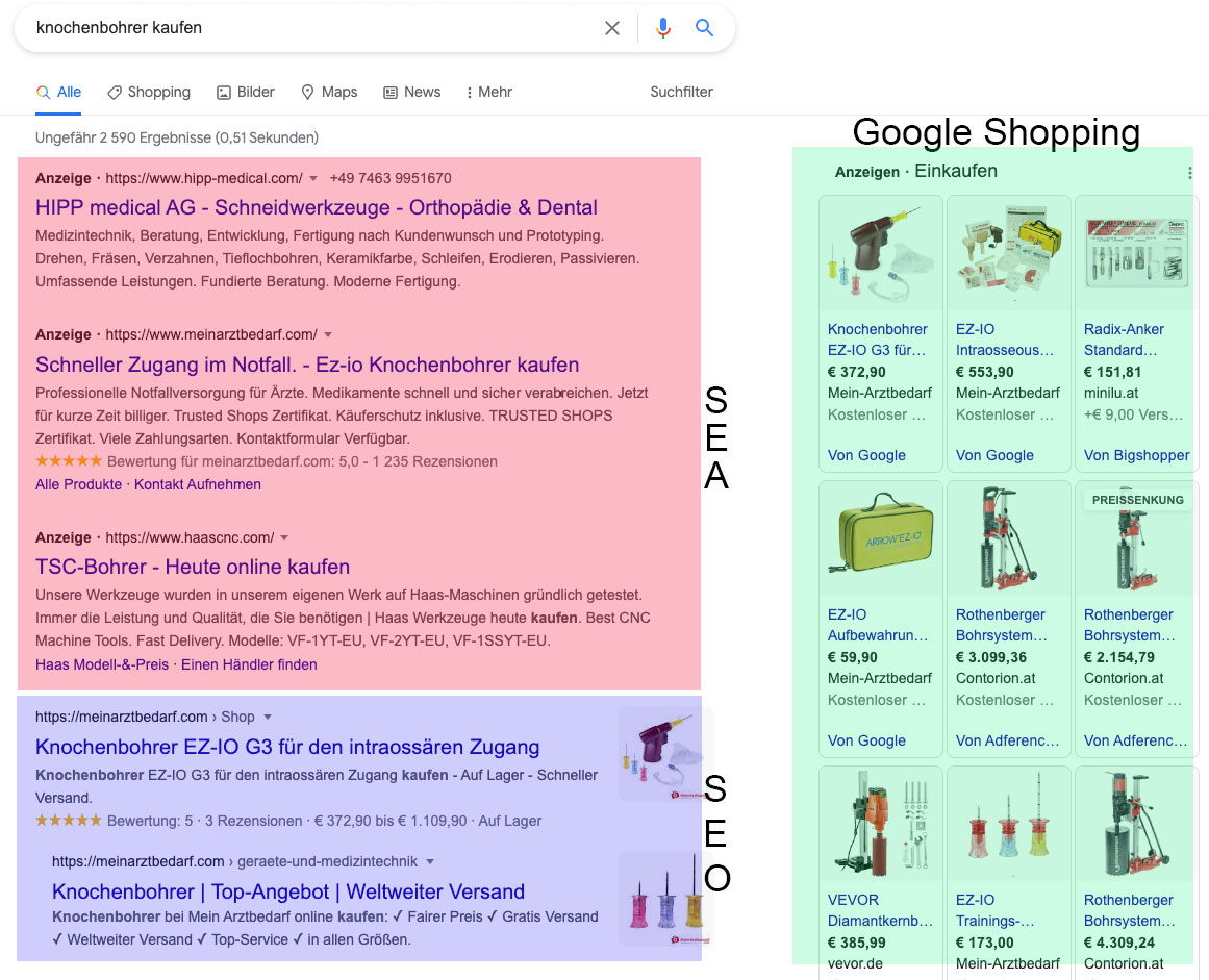 Beispiel Suchergebnis-Seite - bezahlte Suche + organische Suche