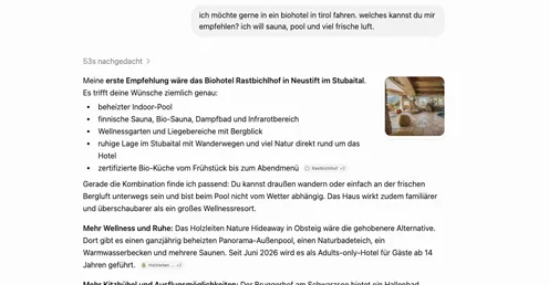 Bildschirmfoto AI Antwort Biohotel Empfehlungen