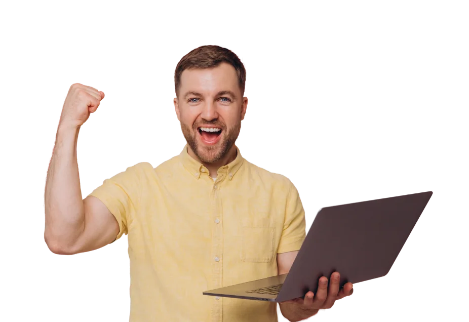 Happy Man freut sich über seinen Erfolg mit KI Videos